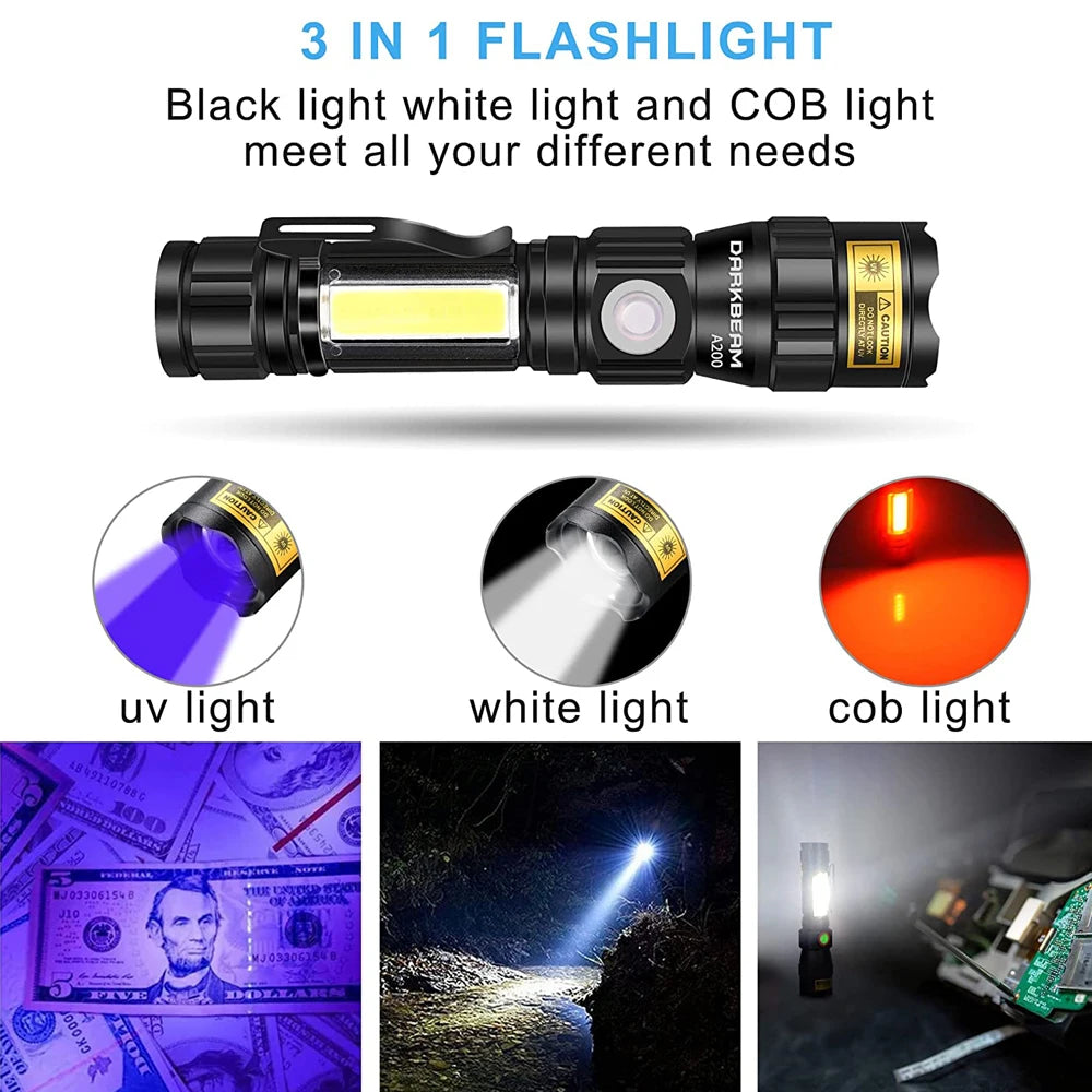 battery powered black light flashlight Rechargeable 7 Mode High Power 3 in One UV Flashlight – Battery Giant & Electronics