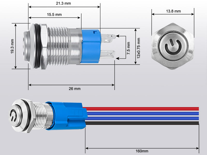 12mm Latching Push Button Switch (Waterproof - Blue)